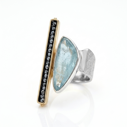 Adjustable Handcrafted Ring in Silver & 18K Gold with an Aquamarine Stone